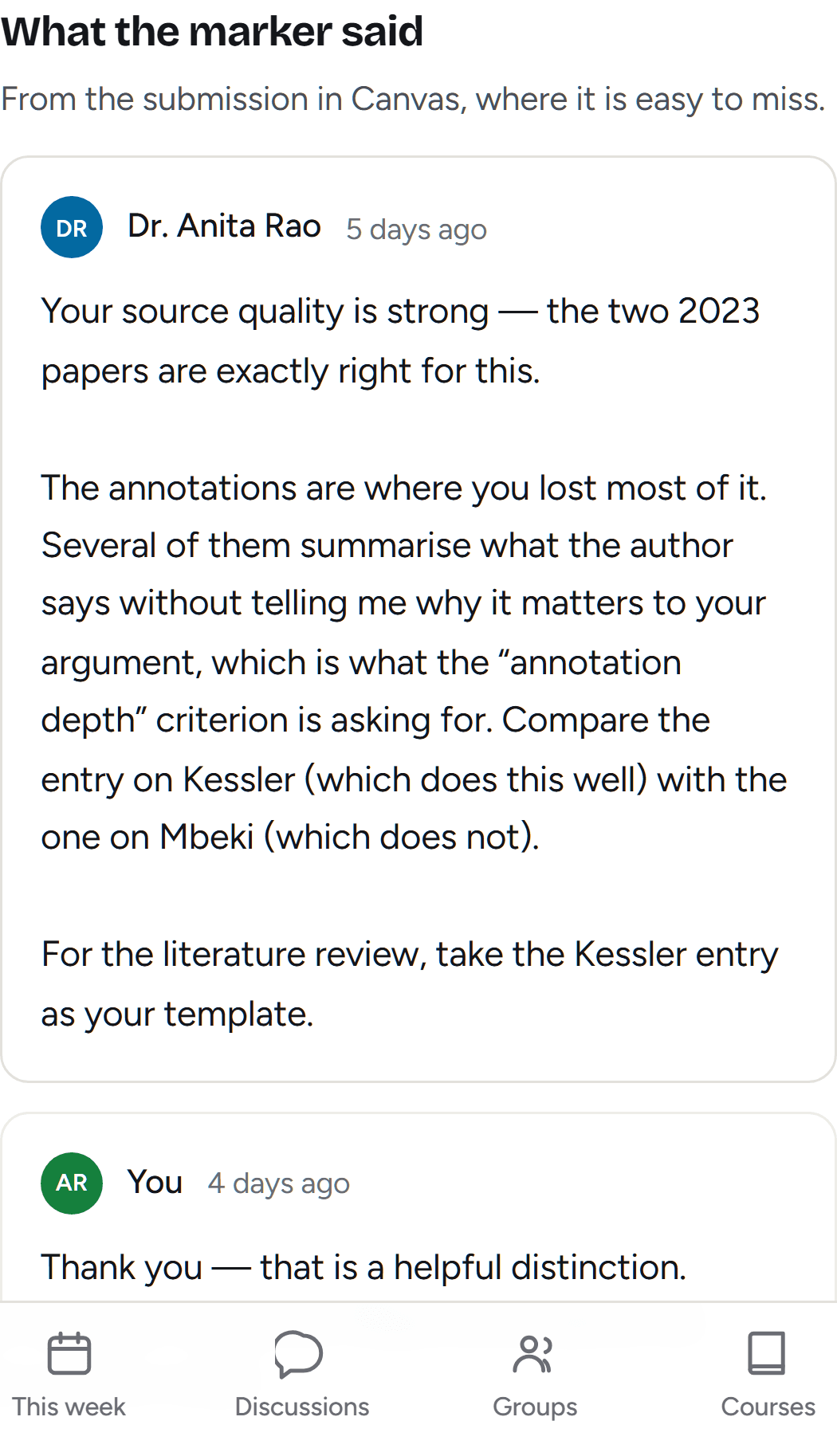 A marker's comment shown in full on the assignment page in Waypoint, with the student's reply beneath it.