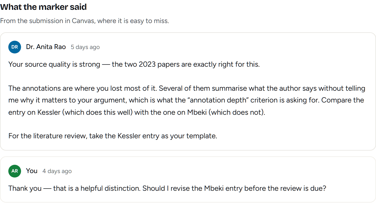 A marker's comment shown in full on the assignment page in Waypoint, with the student's reply beneath it.