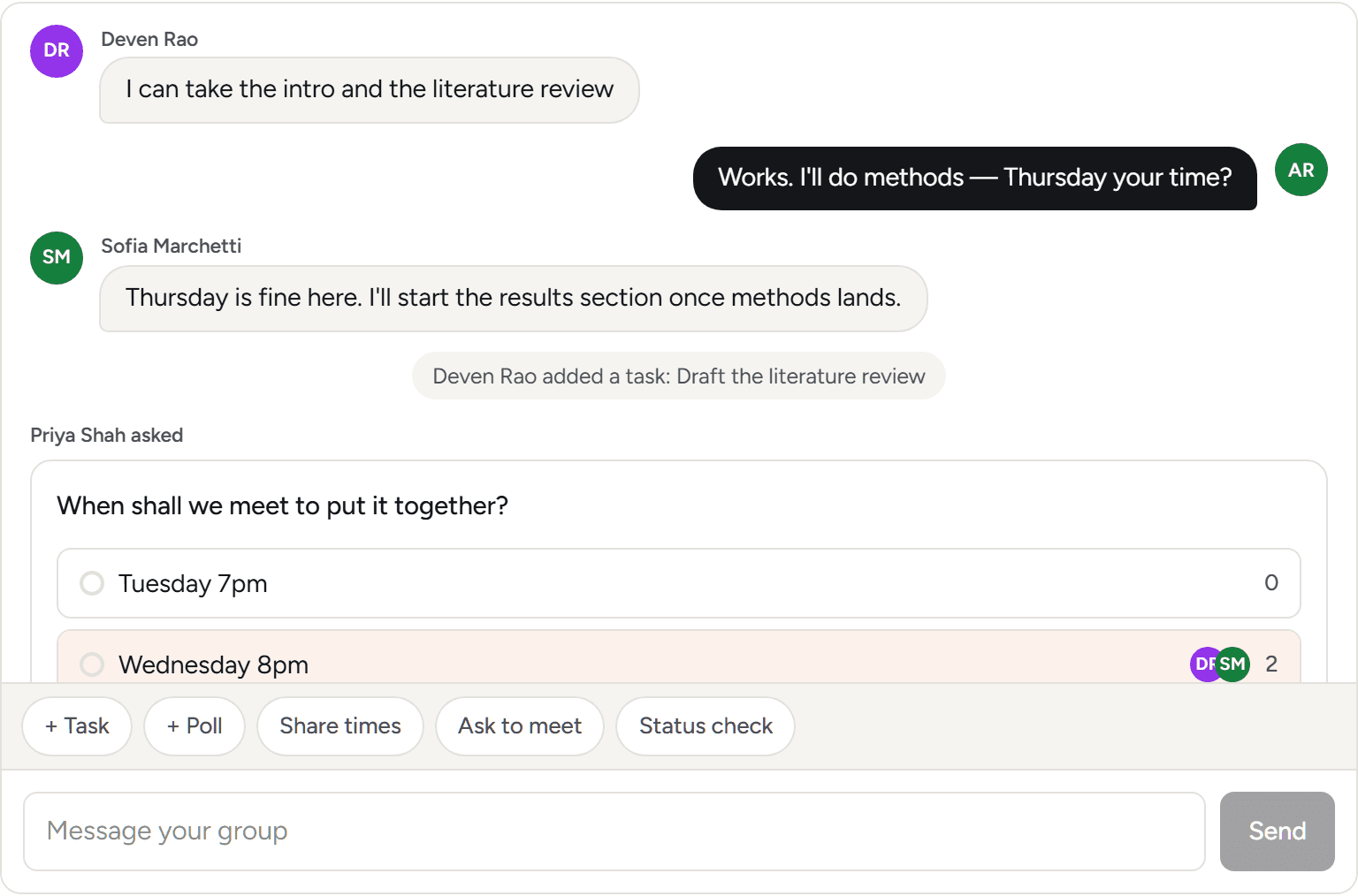 A Waypoint group workspace: three classmates dividing up sections in chat, a task added inline, and buttons for adding a task, running a poll, sharing times and asking to meet.