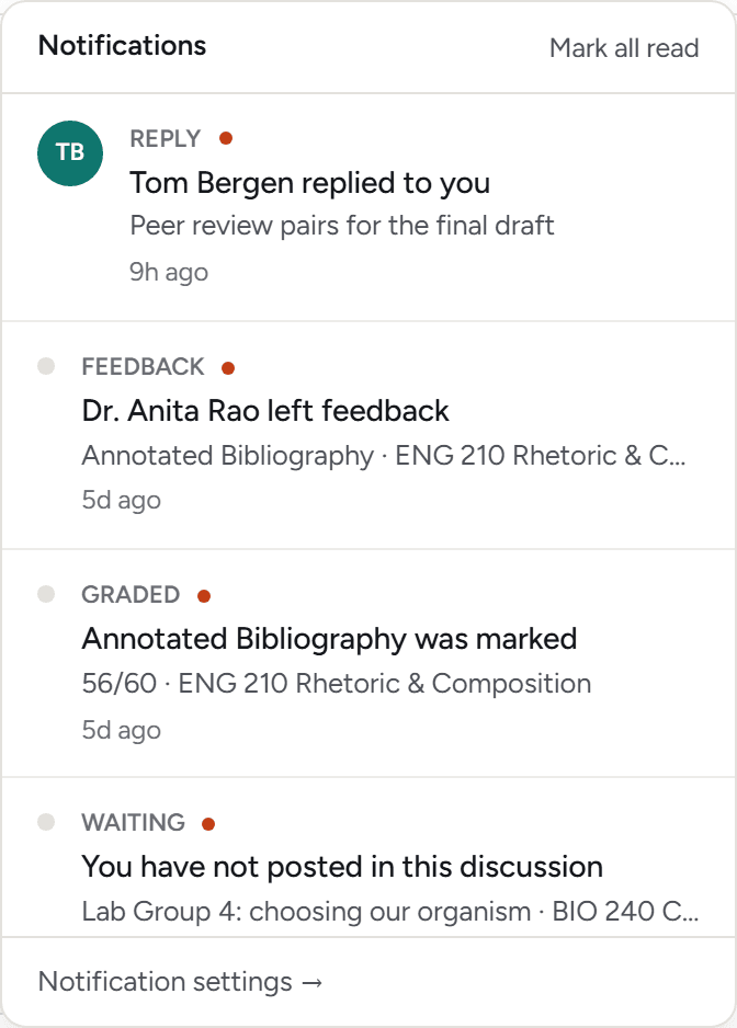A Waypoint notification panel: a classmate replied to your post nine hours ago, and a discussion you have not posted in.